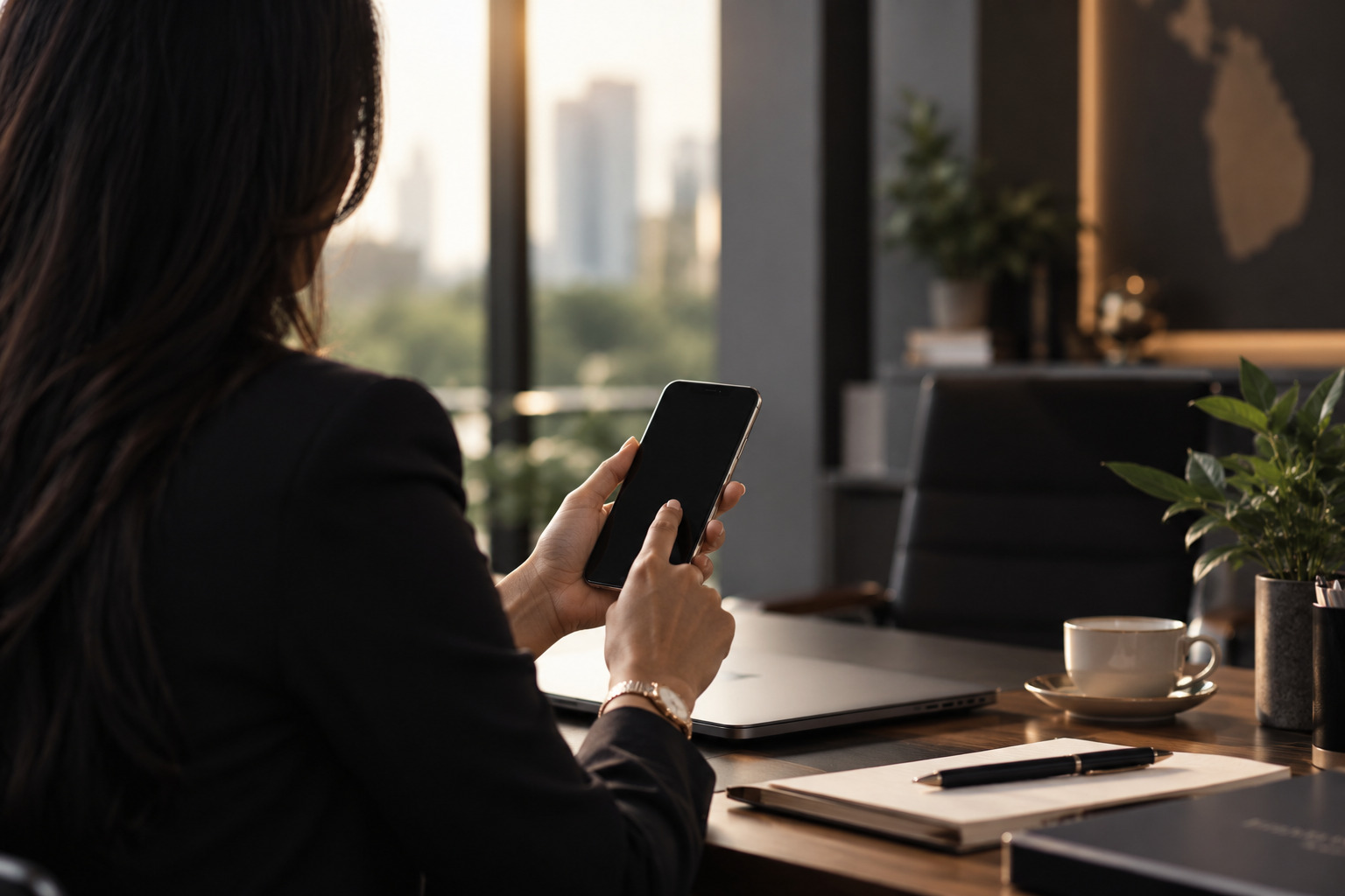 Professional woman in a modern office using a phone for an approachable first discussion